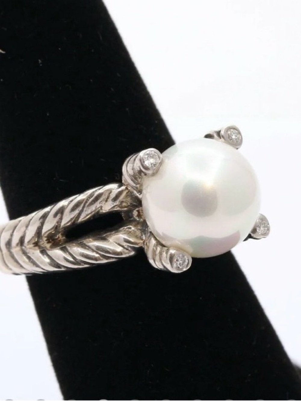 David Yurman sterling silver Pearl Cable Drop Earrings with pearl and diamonds - Picture 6 of 10